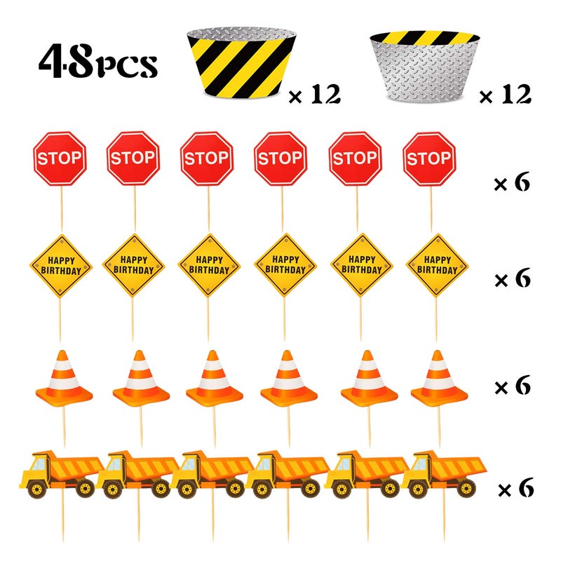 PHOGARY 24pack Construction Cupcake Toppers and Wrappers, 24-Piece Construction Zone Cupcake Baking Supplies, Kids Birthday Party Favors for Cake and Muffin Decorations - Image 4